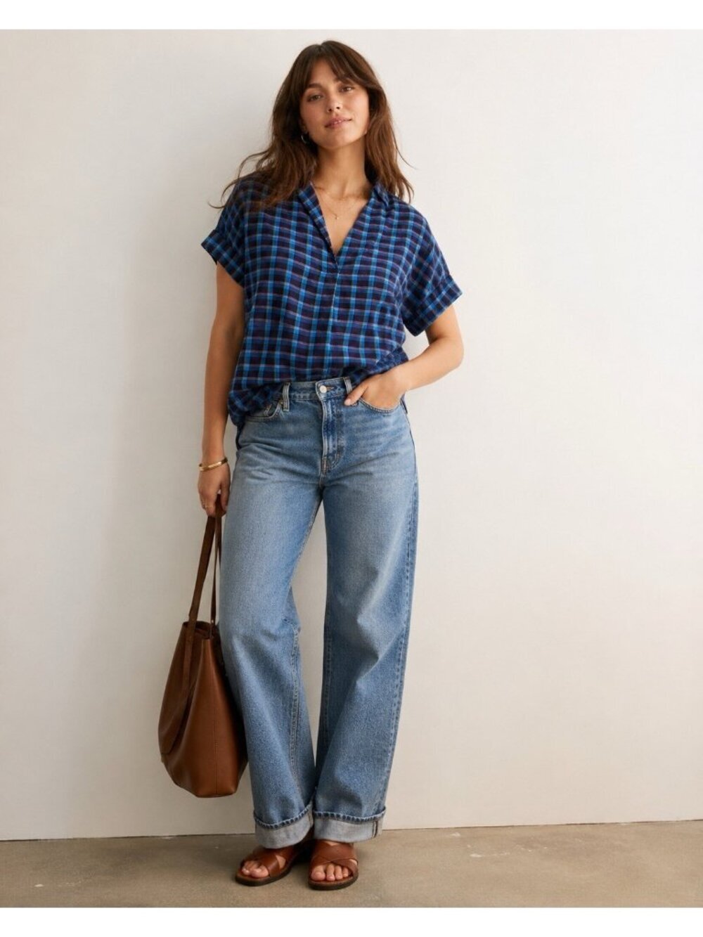 Madewell Womens Park Popover Top Sz Small Blue Plaid Double Faced Cotton Shirt
